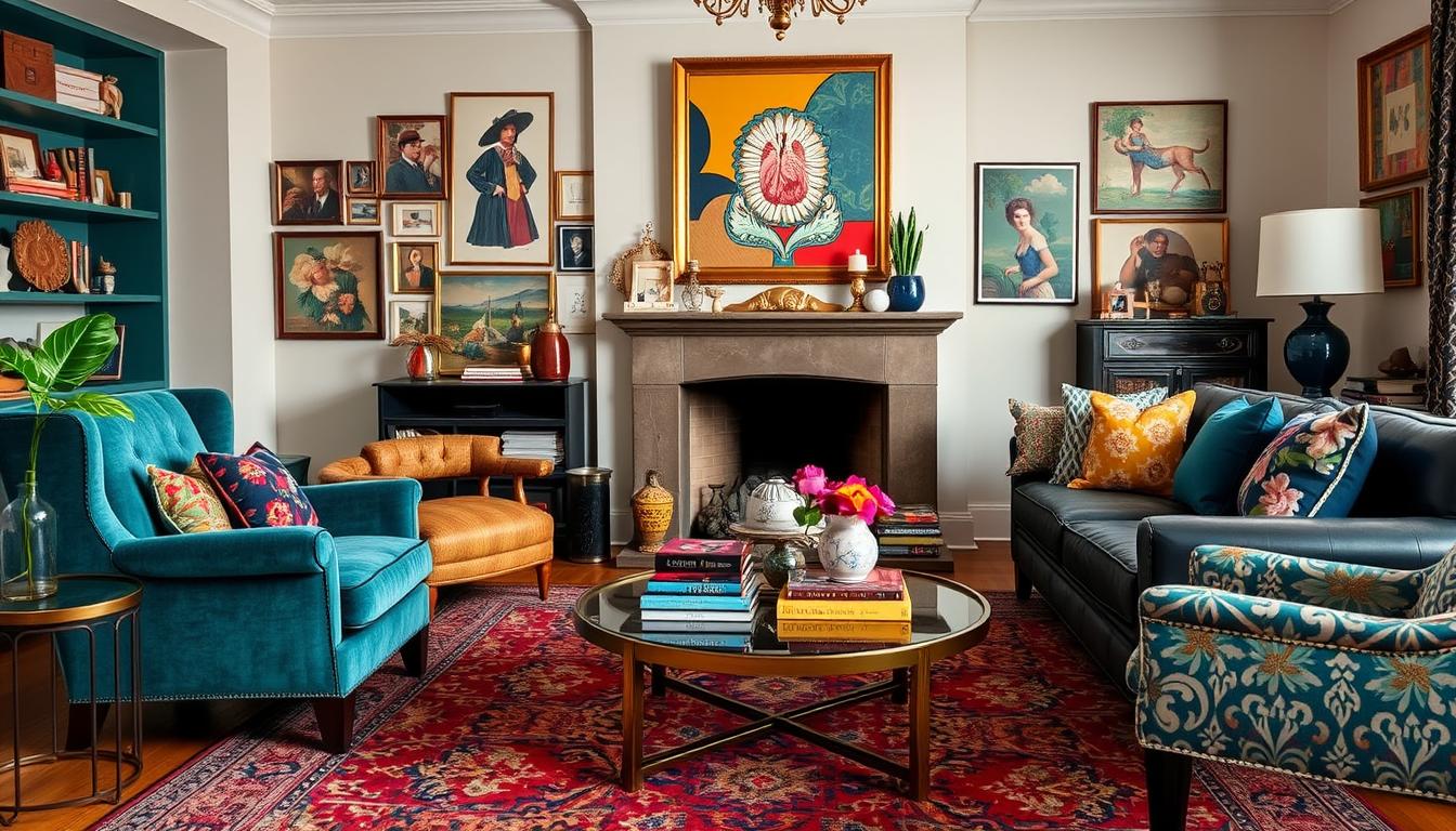 Eclectic Maximalism living room with layered rugs, mixed patterns, and curated objects